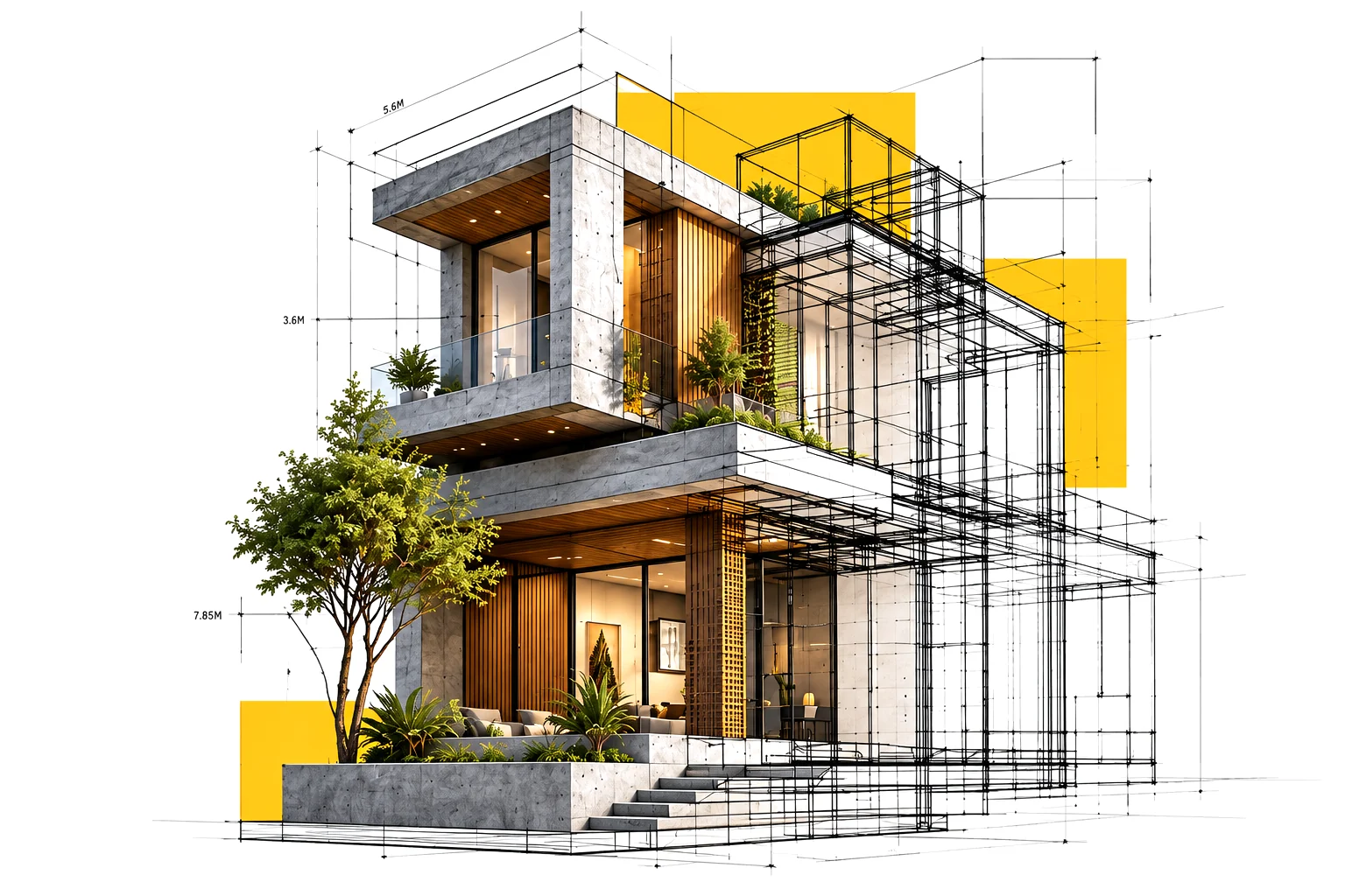 A modern two-storey concrete and timber home, half finished and half drawn as a blueprint wireframe, with dimension lines and yellow blocks